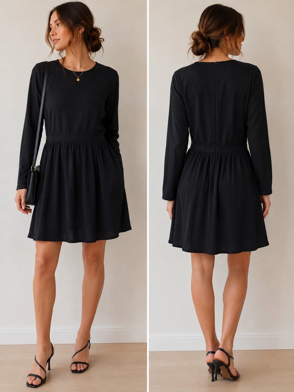 OAK + FORT Black Long-Sleeve A-Line Mini Dress